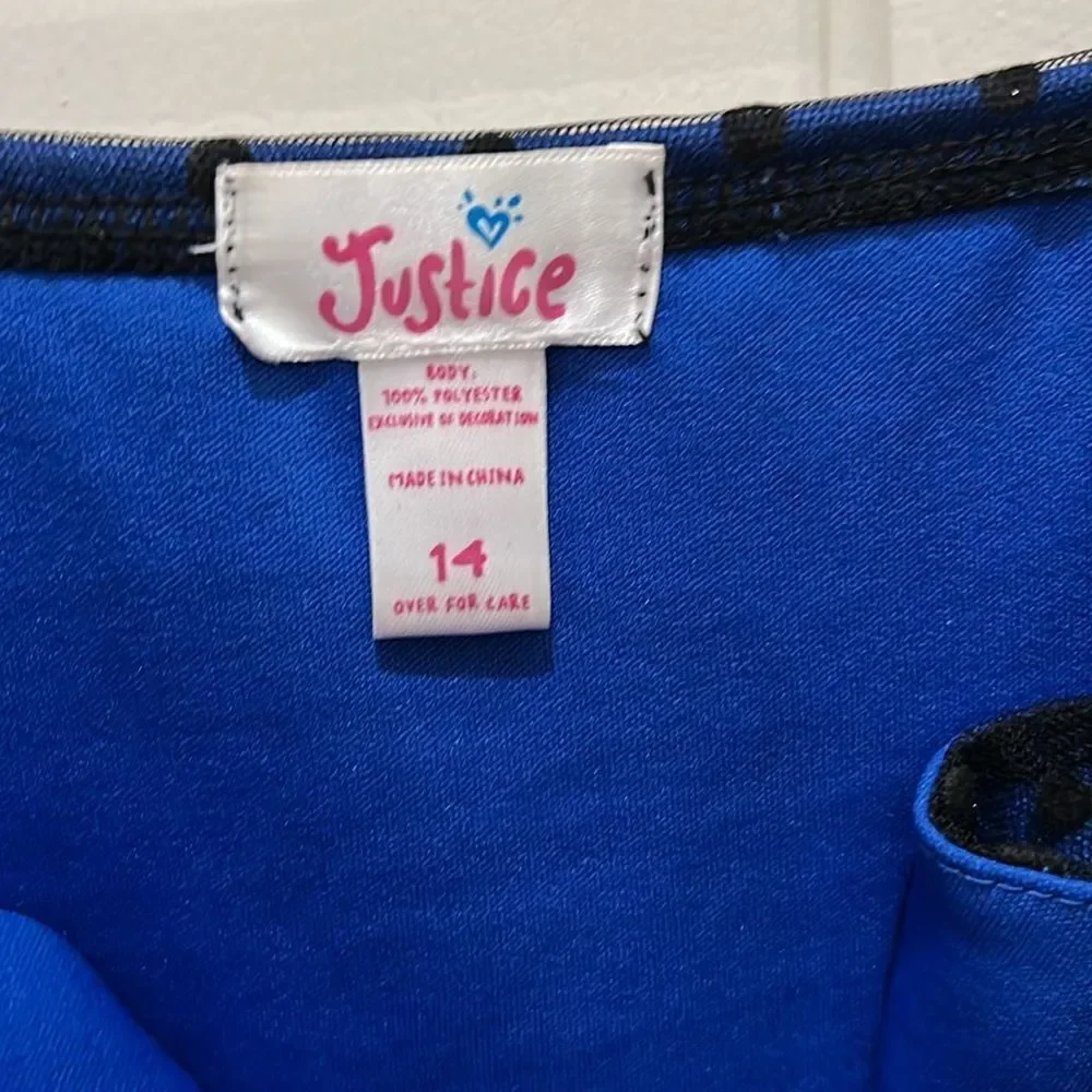 Justice Size 14 Blue with black polka dots girls Party Dress sheer lined Nettin